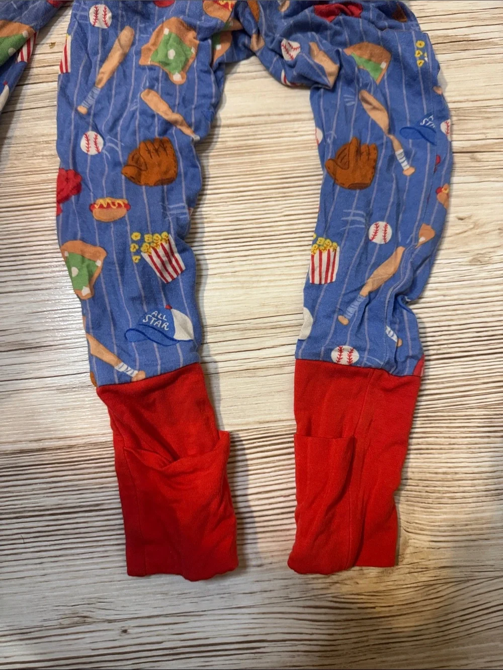 Little Sleepies Blue Footed Baseball-Print One-Piece Pajamas with Red Trim